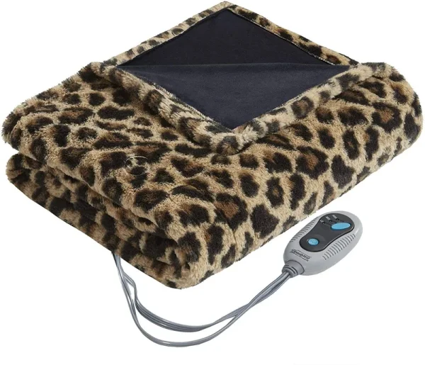 Beautyrest Brushed Long Fur Electric Throw Blanket Ogee Pattern Warm and Soft Heated Wrap with Auto Shutoff 50 in x 60 in Leopard