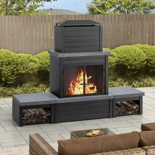 Sunjoy Wood Burning Fireplace Outdoor Steel Fireplace with Chimney, Log Holders