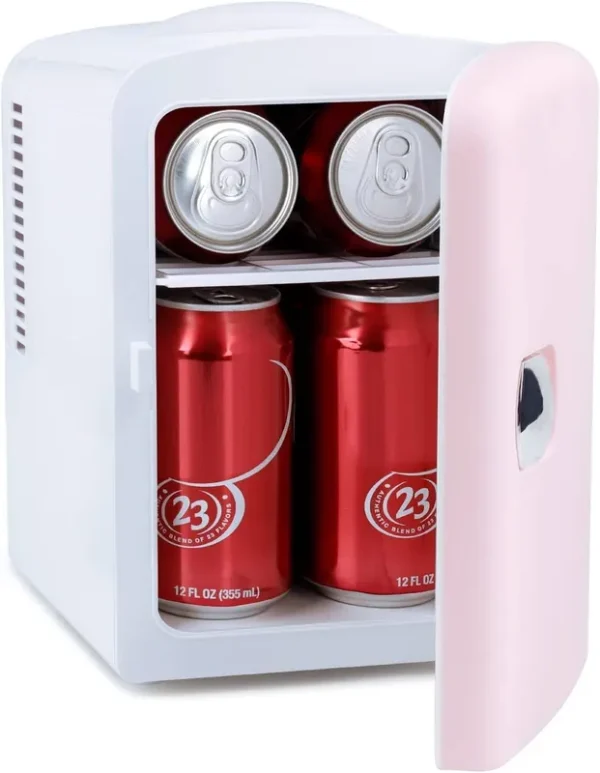 Personal Chiller Portable Mini Fridge Cooler and Warmer, 4 Liter Capacity Chills 6 Cans, Snacks, and Skincare Products, A/C Operation, 100%