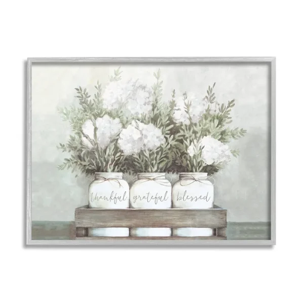 Stupell Industries Pristine Hydrangea Bouquets Thankful Grateful Blessed Sentiment Gray Framed Giclee, 16 x 20