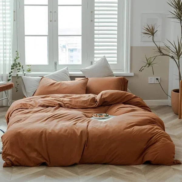 Prestonne Washed Cotton Plain Breathable Simple and Stylish Duvet Cover Set Eider & Ivory Color: Orange Brown, Size: Queen Duvet Cover + 2 Standard P