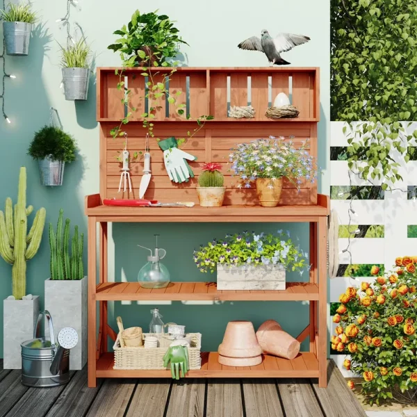 65" Large Outdoor Potting Bench Table, Wooden Farmhouse Rustic Patio Workstation with 4 Storage Shelves and Side Hook, Garden Potting Bench Station, Natural