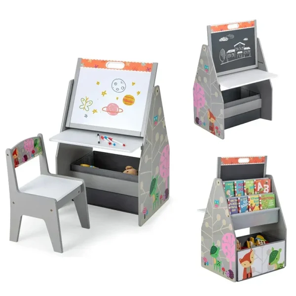 3-in-1 Kids Art Easel with Chair, Wooden Toddler Easel Table & Chair Set w/ Double-Sided Magnetic Whiteboard & Chalkboard, Bookshelf, Storage