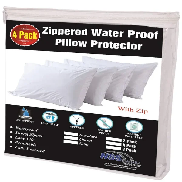 Niagara Sleep Solution 4 Pack Waterproof Pillow Protectors Queen 20x30 Inches Smooth Zipper Premium Encasement Covers Quiet Case