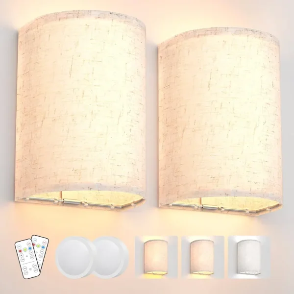 Tivkight Wall Sconces Set of Two, Battery Operated Wall Sconces 3 Colors Changeable Dimmable Wall Lights Fixtures with Remote Control Fabric Wall Lam