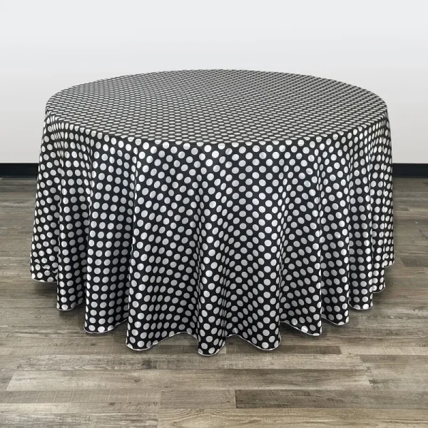 Your Chair Covers - 120 inch Round Satin Tablecloth Black/White Polka Dots