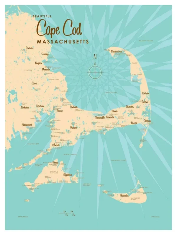 Cape Cod Massachusetts Map Giclee Art Print Poster from Illustration by Lakebound 9" x 12"