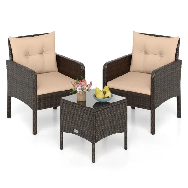 Tangkula 3 Piece Patio Bistro Set Rattan Wicker Outdoor Conversation Set with Cushions and Coffee Table