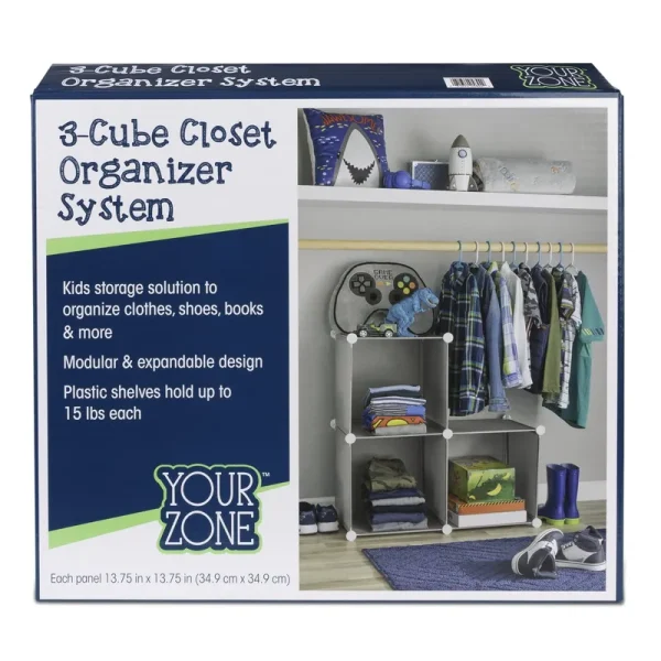 Your Zone Easy to Assemble 3 Cube Kid's Room Closet Organizer - Silver - 13.75 x 13.75 in