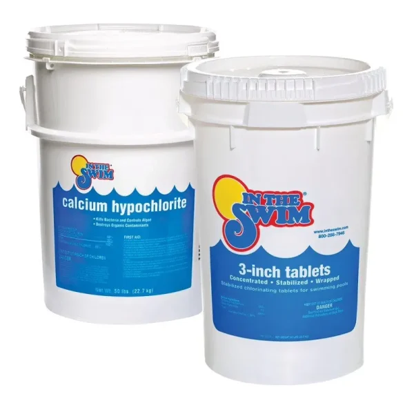 In the Swim Chlorine and Shock Bundle for Sanitizing Swimming Pools - Includes 50 Pound Bucket of 3 in Stabilized Chlorine Tablets and 50 Pound Bucket of 68% Cal - Hypo Pool Shock