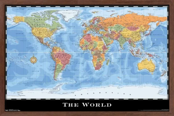 Map - World Wall Poster, 14.725 inch x 22.375 inch, Framed, FR15214MAH14X22EC