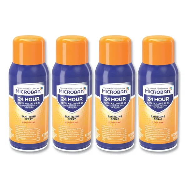 Microban 24-Hour Disinfecting Sanitizing Spray, Travel size, Citrus Scent, 2.8 oz Aerosol Spray, 4/Pack