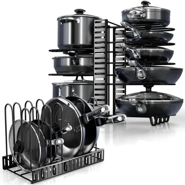 KOMFORA Pots and Pans Organizer Under Cabinet - 8-Tier Adjustable Pan Organizer Rack for Cabinet - Heavy-Duty Pot & Pan Organizer - Perfect to Store