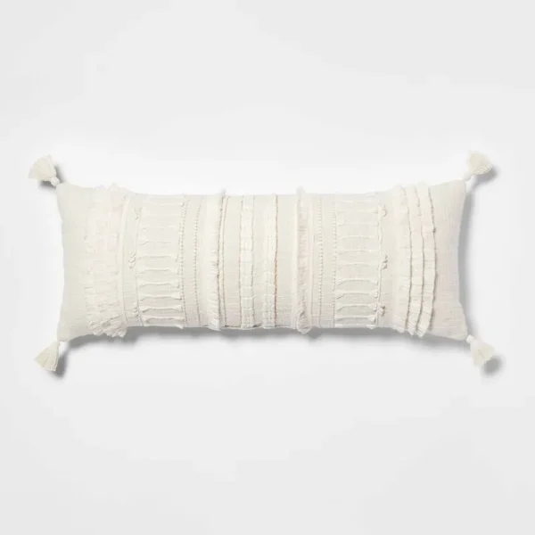 Oversized Oblong Woven Knotted Fringe Decorative Throw Pillow Natural