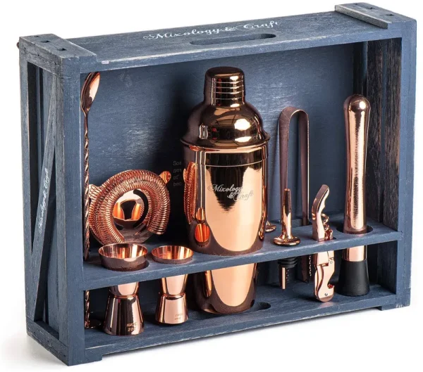 Mixology & Craft Cocktail Shaker Set - 11-Piece Cocktail Making Set w/ Shaker & Rustic Wooden Stand - Bartender Kit and Cocktail Mixer Gift Set Copper