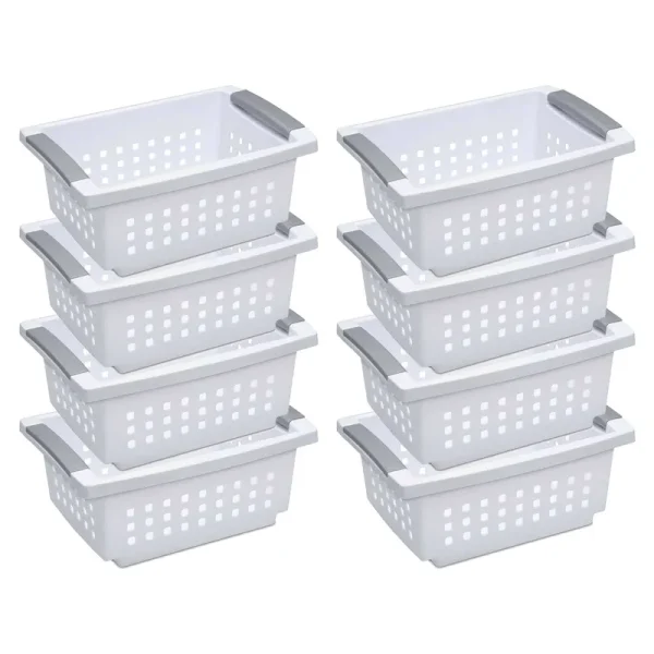 Sterilite Small Stacking Storage Basket with Comfort Grip Handles, White, 8 Pack