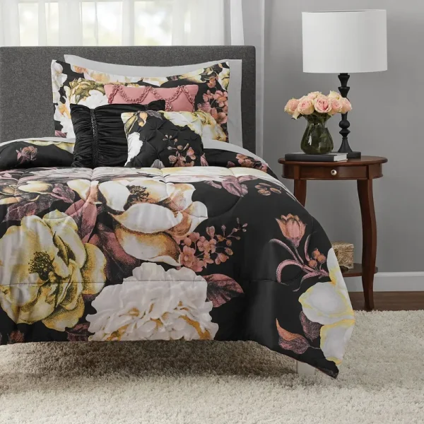 Mainstays Black Floral 8-Piece Bed in A Bag Bedding Set w/ Sheet Set , Twin/Twin XL