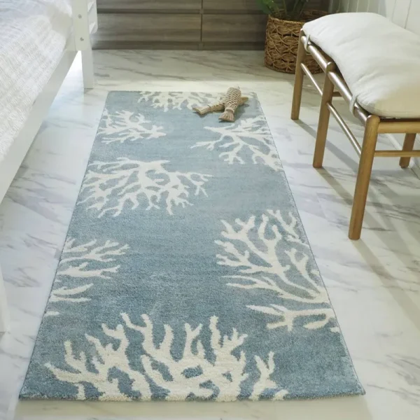 Caistor Coastal Coral Print Area Rug - Runner 2'7" x 7' - Light Blue