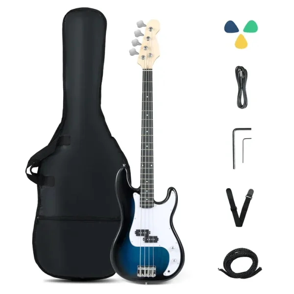 46" Right-handed Electric Bass Guitar, 4 Strings Full Size Bass Kit with Double Pickups, Open-gear Tuning, Gig Bag, Strap & Cable for Beginners