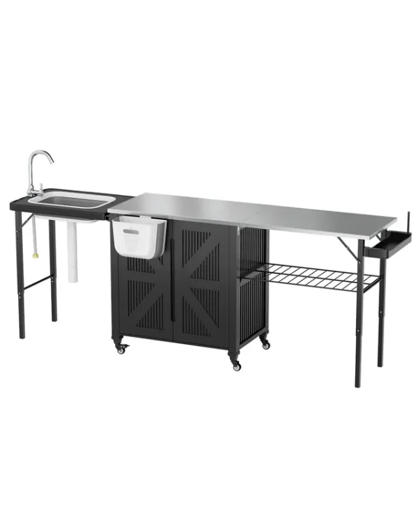 AECOJOY Outdoor Grill Cart Table with Sink, Portable Folding Kitchen Island with Storage Cabinet