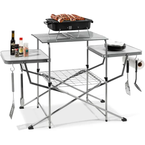 Choice Products Portable Folding Grill Table. Outdoor Food Prep Station for Camping w/ Carrying Case. 4 Hooks