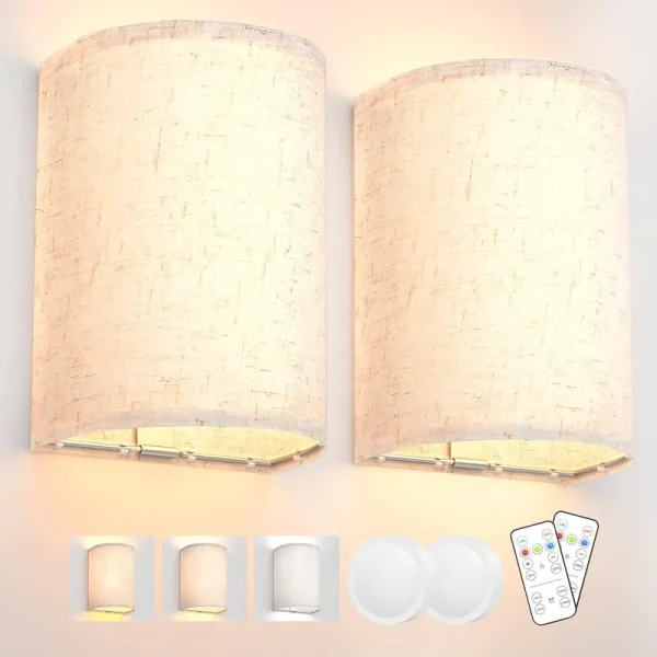 Tivkight Wall Sconces Set of Two, Battery Rechargeable 3 Colors Changeable Dimmable Wall Lights Fixtures with Remote Control Fabric Height Wall Lamp