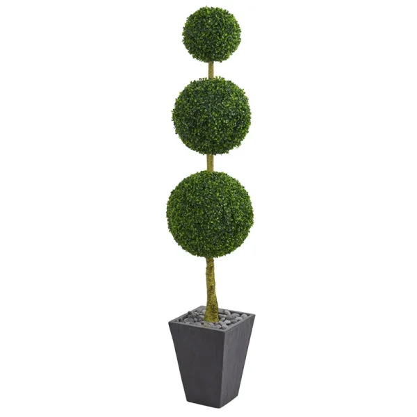 Nearly Natural 6 ft. High Indoor Outdoor Boxwood Triple Ball Topiary Artificial Slate Planter