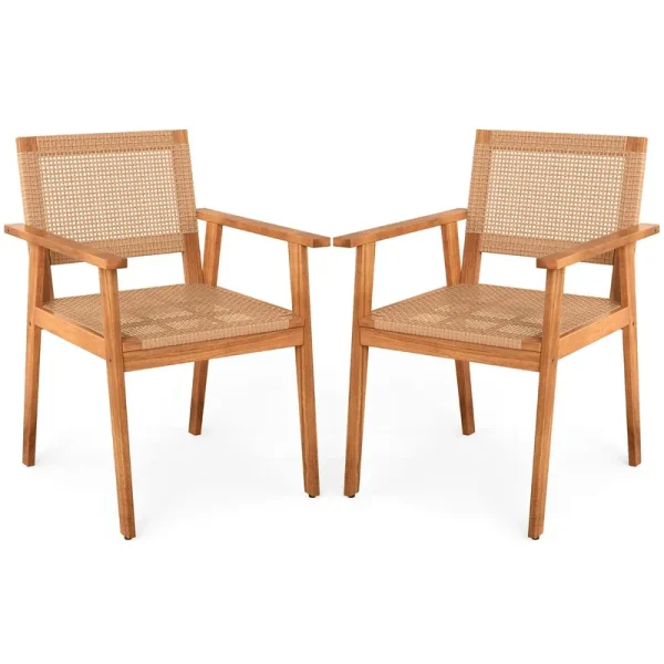 Tangkula Acacia Wood Outdoor Dining Chairs Set of 2/4 PE Rattan Patio Chairs with Backrests and Armrests