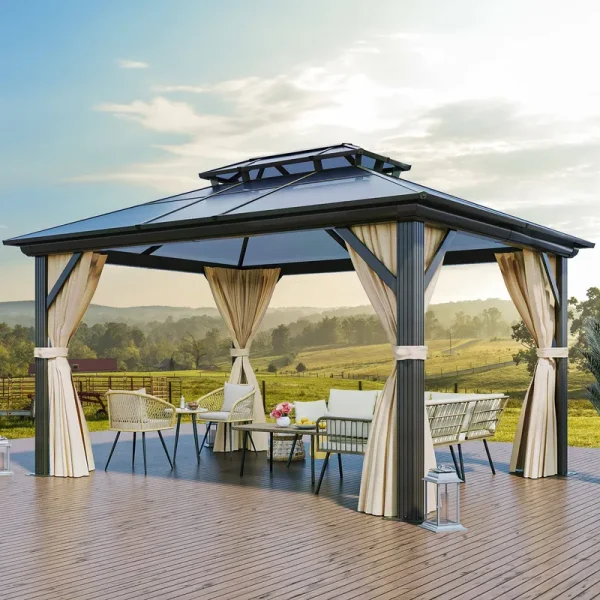 YITAHOME 10x12ft Gazebo Hard-Top Double Roof Canopy Outdoor with Netting and Shaded Curtains