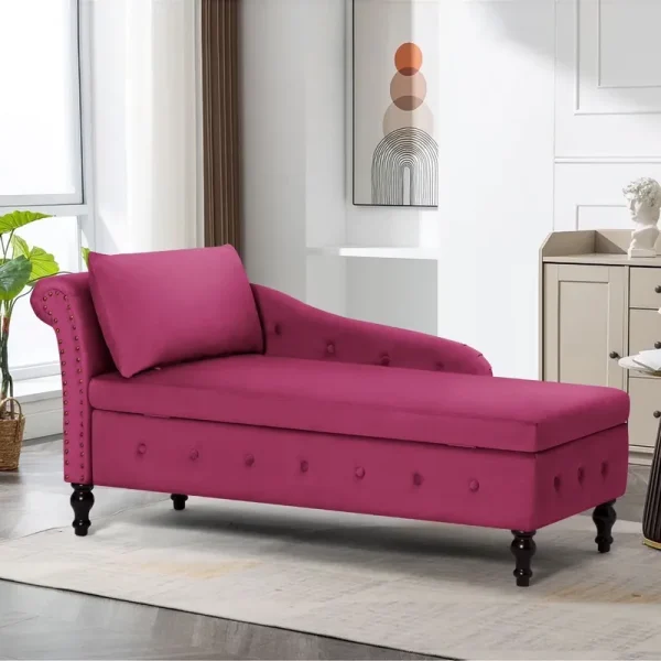 ACMEASE Chaise Lounge Chair Indoor Kids Modern Tufted Right Armrest Velvet Lumbar, Fuchsia