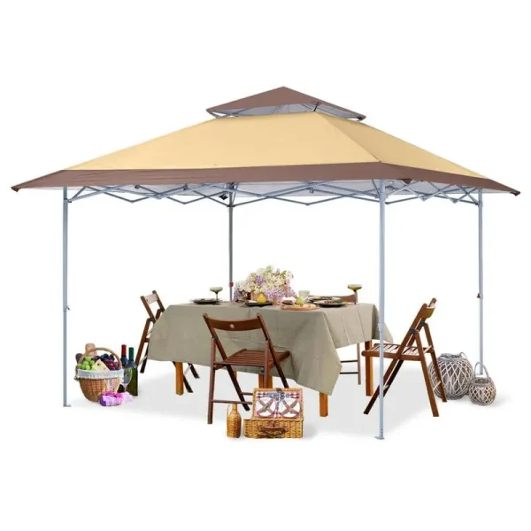 13 ft. x 13 ft. Khaki Pop-Up Canopy Tent Outdoor Gazebo Double Roof with Eaves