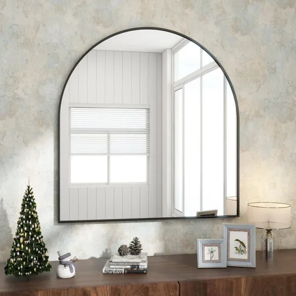 32 in. W x 34 in. H Arched Black Modern Aluminum Alloy Framed Wall Mir