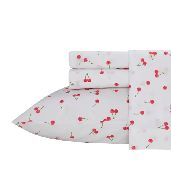 Poppy & Fritz Cherries 100% Cotton Percale- Sheet Set Red- Twin XL