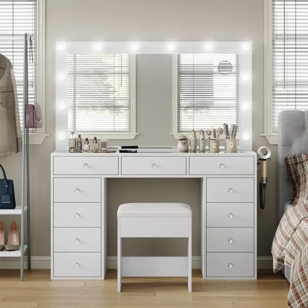 White Vanity Desk with Illuminated Mirror & Power Outlet, 11 Drawers Vanity Table with Chair, Makeup Vanity with 12 LED Lights, Tempered Glass Top, Dressing Table for Bedroom, Dressing Room