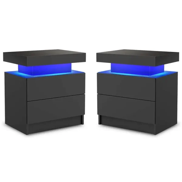 LED Nightstand Set of 2, Modern Bedside Table with 2 Drawers Storage Space, Adjustable Colors LED Light, Black