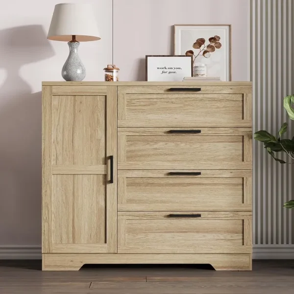 43.3" H Armoire Wardrobe Closet with 4 Drawers & Hanging Rod, Multifunctional Wood Storage Cabinet for Bedroom, Natural Oak