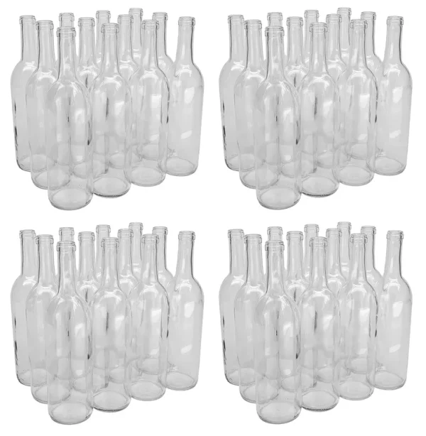 North Mountain Supply 750ml Glass Bordeaux Wine Bottle Flat-bottomed Cork Finish - 48 Bottles (4 Cases of 12) - Clearflint