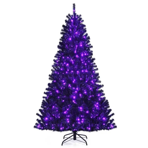 Costway 7ft Pre-Lit PVC Christmas Tree Black w/ 500 Purple LED Lights