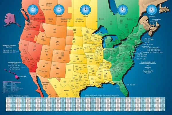 ImageAbility North America Satin Finish Full Color Time Zone Area Code Map with Reverse Lookup, Large 24 by 35 inch Wall Size