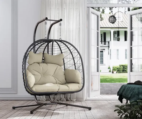 Bifanuo Double Wicker Swing Egg Chair Hammock Foldable Hanging Loveseat with Stand, UV Resistant Removable Cushions, 700 lb Capacity for Bedroom, Balcony (Black and Beige)