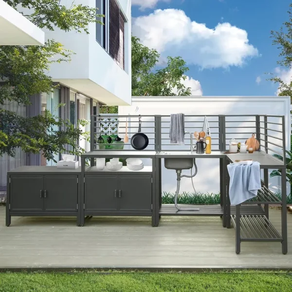 Domi Outdoor Kitchen Series 5 - Piece Modular Outdoor Kitchen, Aluminum Storage Islands Sink Table, Corner Bar Cabinet Grill Storage Cabinet with Protective Cover, Outdoor Kitchen for Deck, Patio, Backy