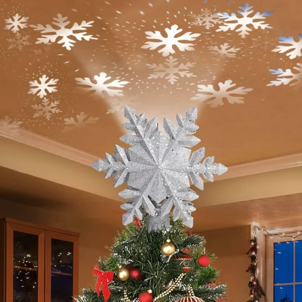 DG-Direct Christmas Tree Topper Lighted with Silver Snowflake Projector, LED Rotating Magic Snowflake, 3D Hollow Glitter Lighted Silver Snow Tree