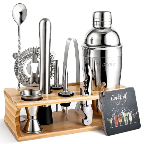 Eocolz Bartender Kit Cocktail Shaker Set with Stand Bar Tool Bar Set for Drink Mixing Home Bartending Kit 11-Piece Bar Cart Accessories: Martini Shake