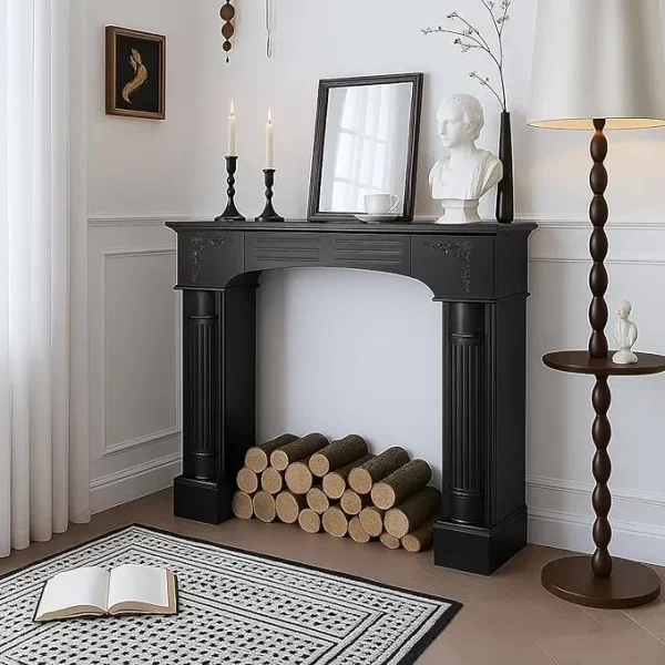 EPICOZY 43.3" Fireplace Mantel, Freestanding Fireplace Surround with Leg for Electric Fireplaces, MDF Mantel Surround with Shelf for Living Room with Decorative Pattern, Anti - Tipping & Waterproof