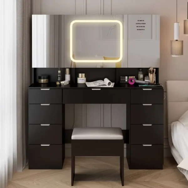 IVV Vanity Desk Set with Large LED Lighted Mirror & Power Outlet, Makeup Dressing Table with 9 Drawers and 3 Cabinets in Mirrored Doors, 47" Vanity Table with Cushioned Stool for Bedroom, Black