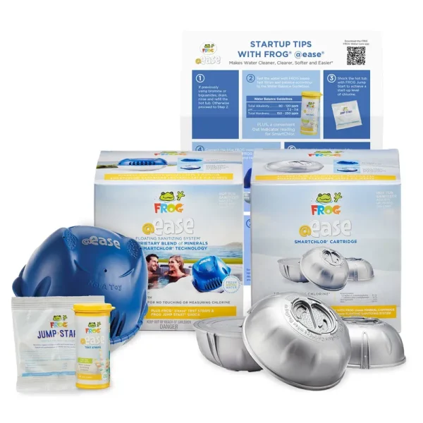 Frog @ease Floating Sanitizing System + Replacement SmartChlor Cartridge 3-Pack Plus Free Hot Tub Care Guide, Self-Regulating Hot Tub Sanitizer