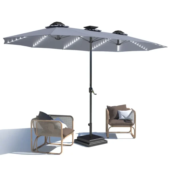 AECOJOY 15ft Patio Double-Sided Umbrella, 156 PCS Solar LED Light Outdoor Large Umbrella, Grey