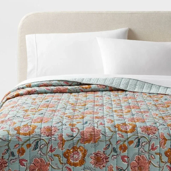 Full/Queen Boho Earthy Vines Quilt Light Teal Blue/Mustard Yellow/Light Pink Floral - Threshold