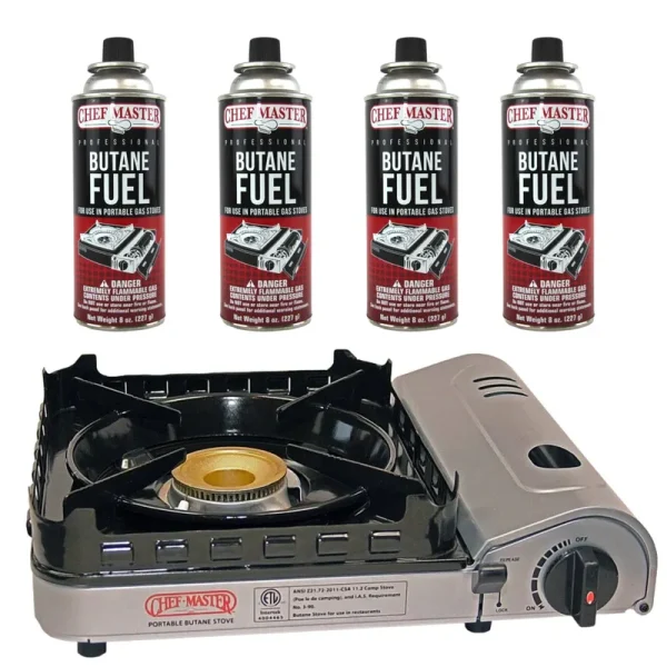 Chef Master 90019 Butane Stove, Portable Camping Stove, Portable Stove for Camping with 4 x 8 oz Butane Fuel, Camp Stove - Emergency Stove for