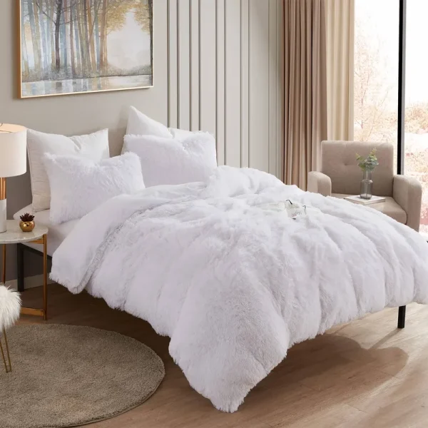 Long Plush Shaggy Comforter Set - White - Queen